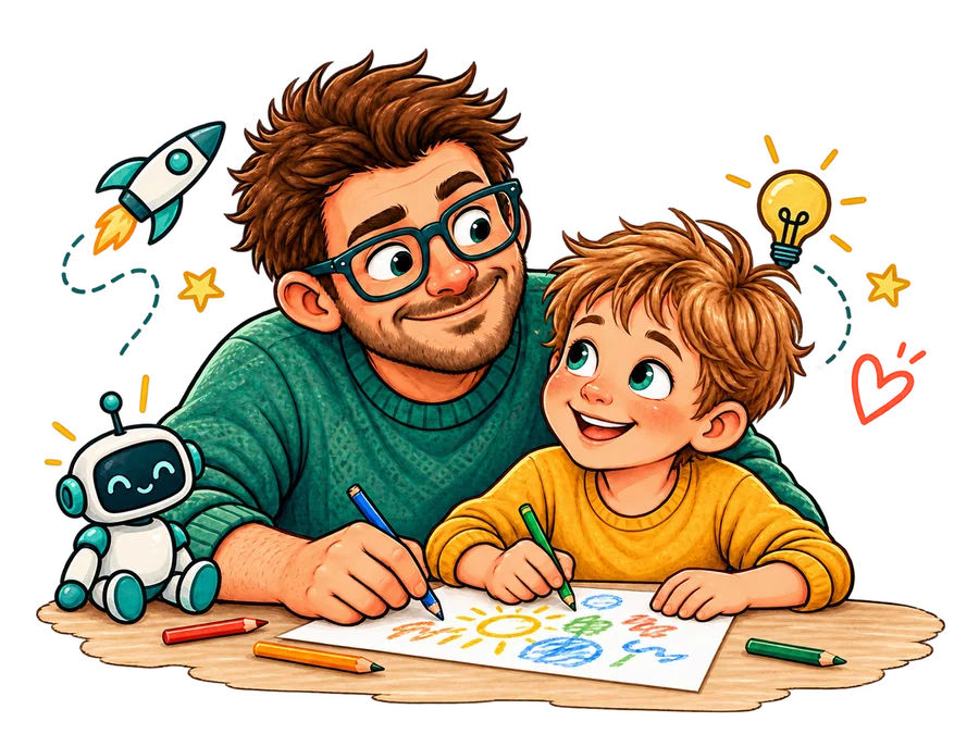 A father and his young son drawing together with colored pencils.