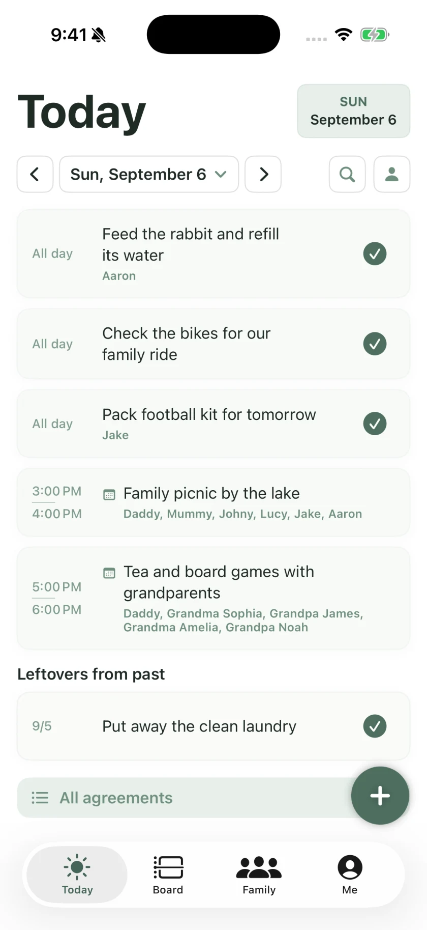 Today view showing chores and family plans