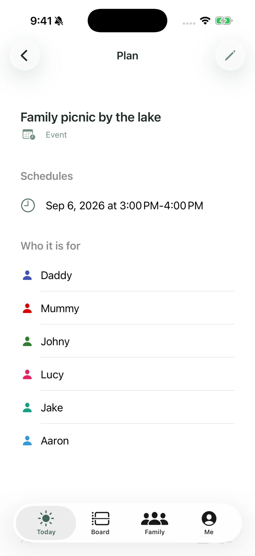 A family picnic plan with six participants