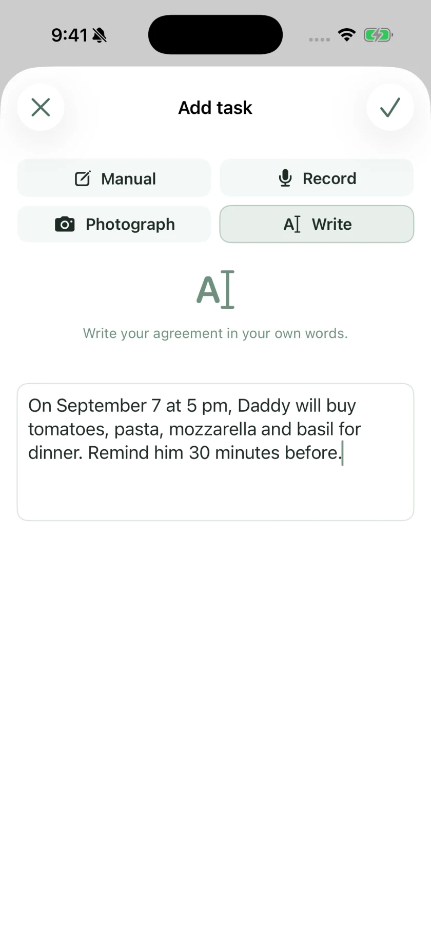 Textové zadání nákupu s datem a připomínkou